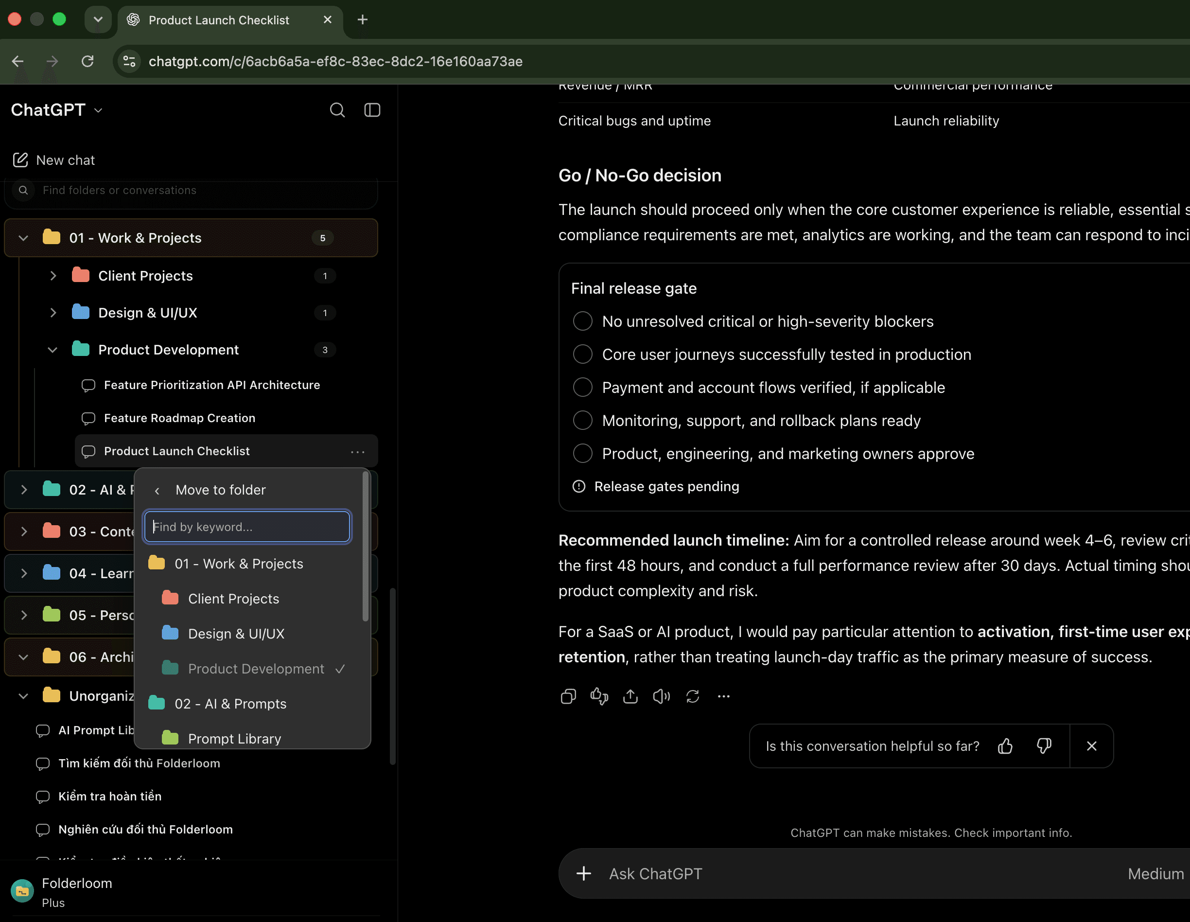 Folderloom Move to folder menu in ChatGPT showing searchable destinations and Product Development as the current folder
