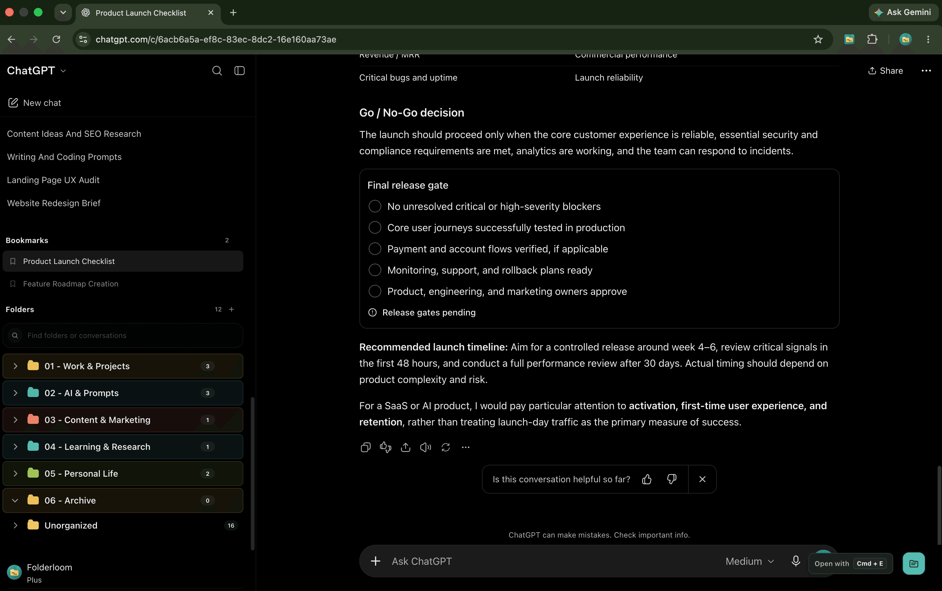 Folderloom bookmarks in ChatGPT with Product Launch Checklist selected and Feature Roadmap Creation saved