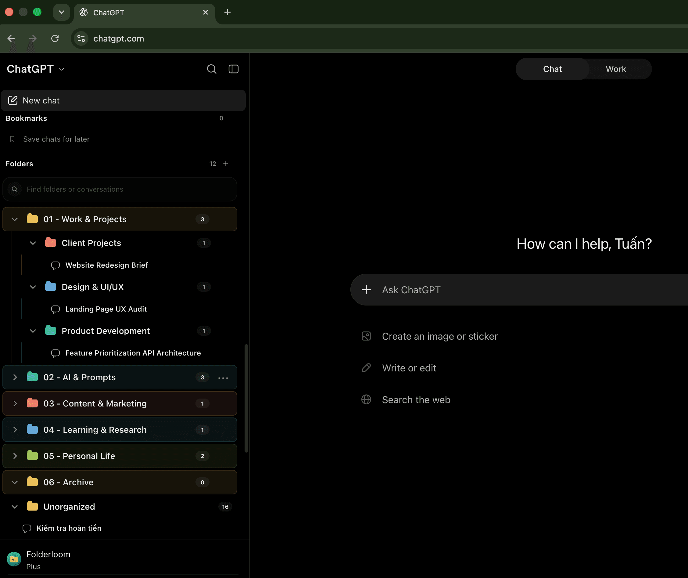 Folderloom in ChatGPT showing Work and Projects with Client Projects, Design and UI/UX, and Product Development subfolders