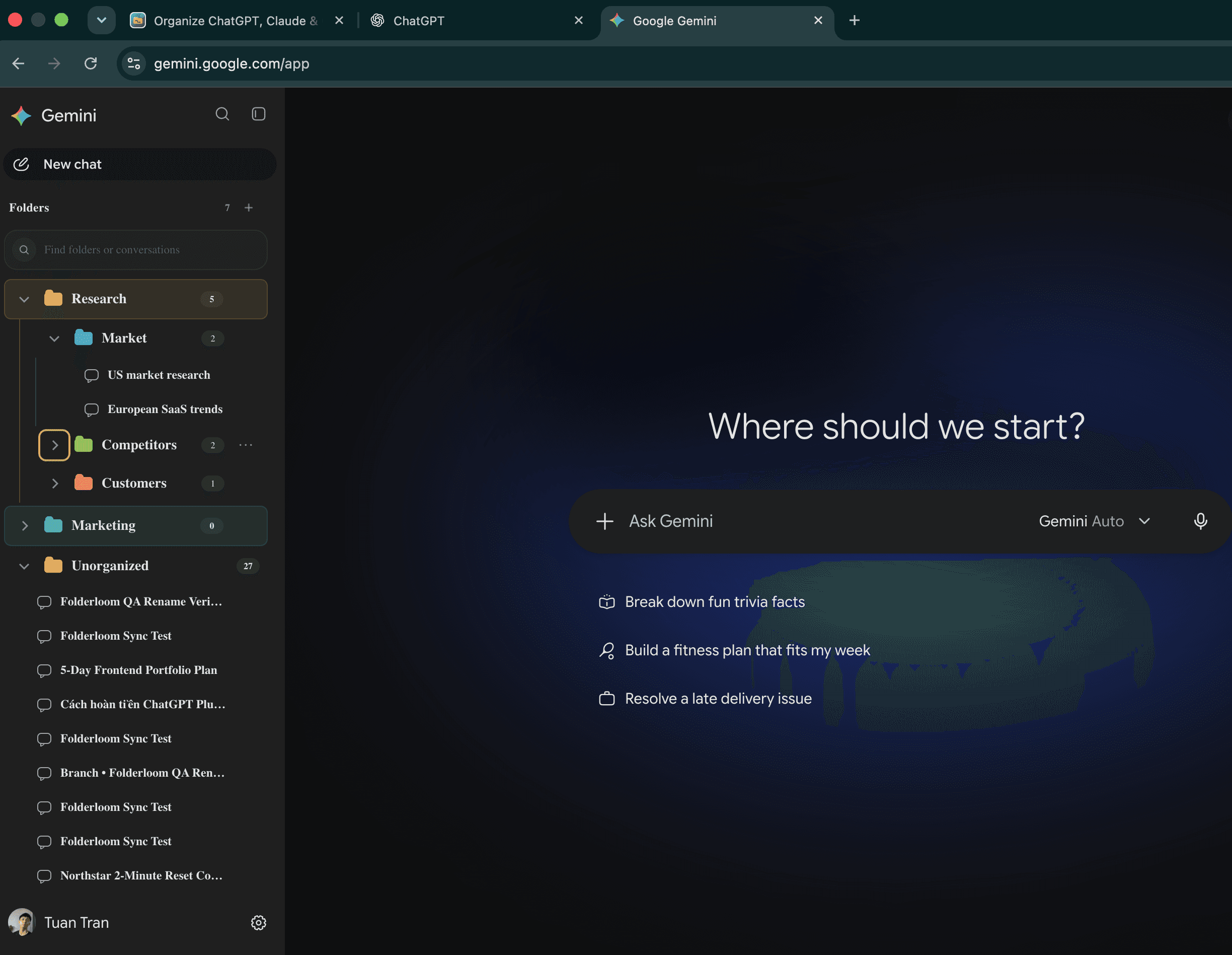 Folderloom in Gemini showing a Research folder with Market, Competitors and Customers subfolders
