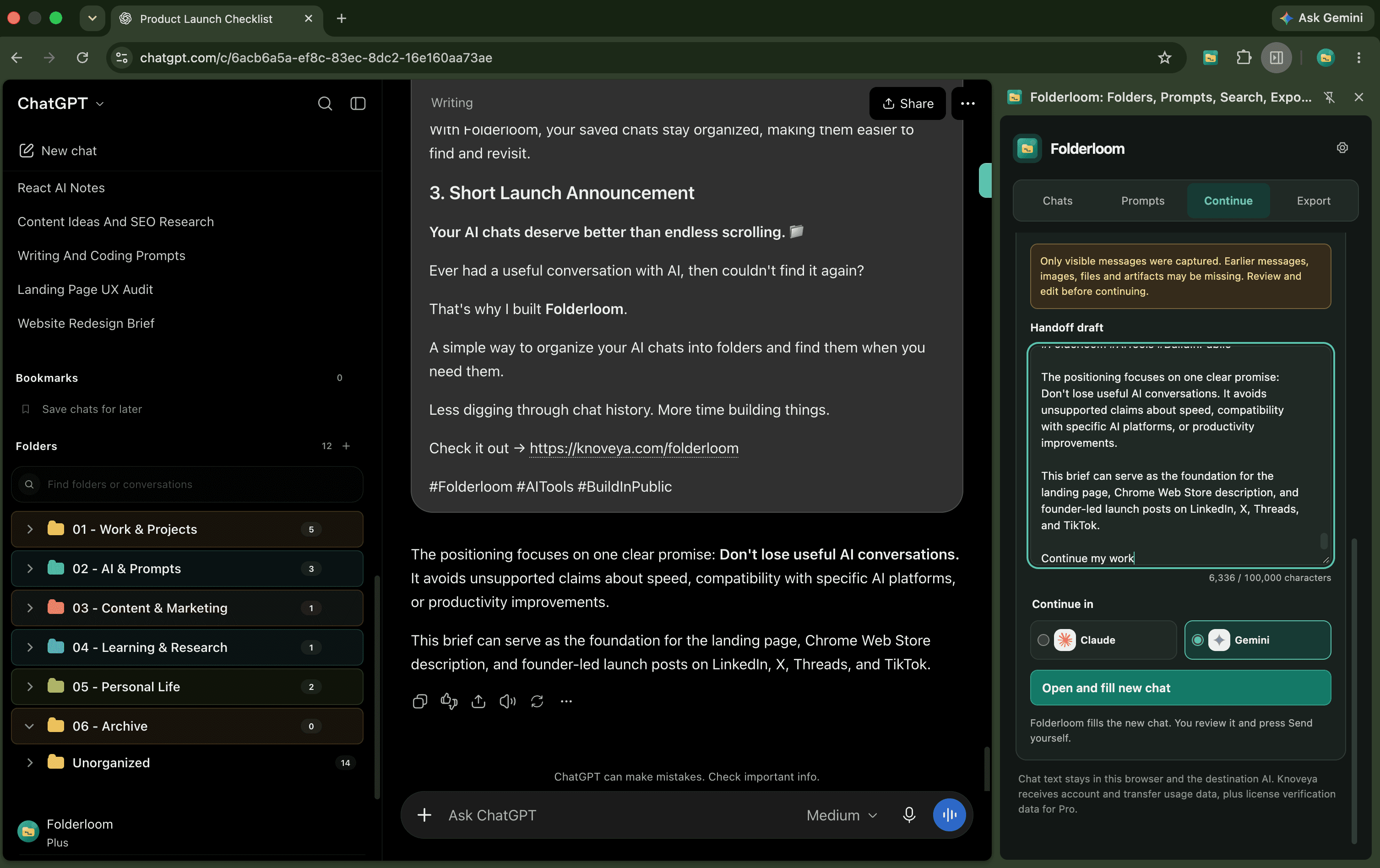 Folderloom Continue tab with an editable handoff draft, visible-message warning and Gemini selected as the destination