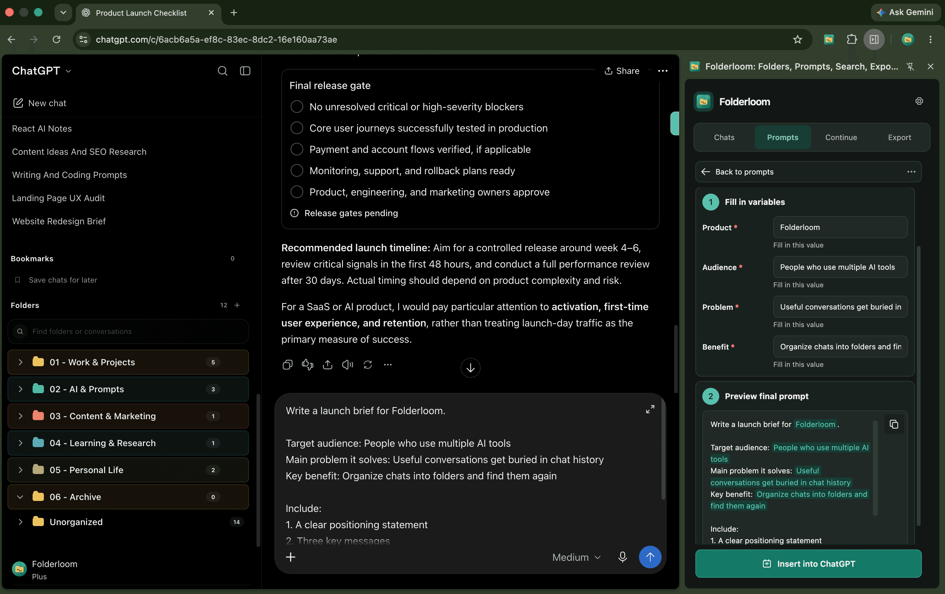 Folderloom Pro prompt template with Product, Audience, Problem and Benefit variables, final prompt preview and Insert into ChatGPT action
