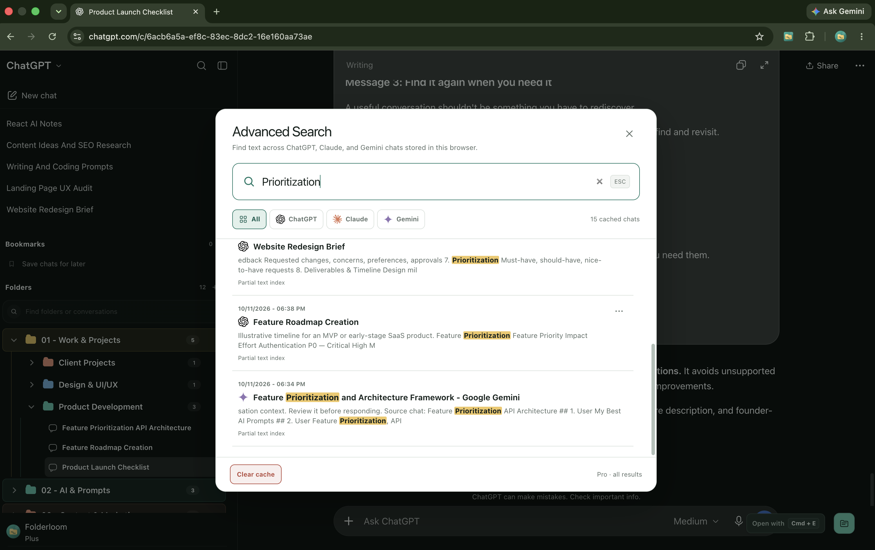 Folderloom Advanced Search for Prioritization with highlighted ChatGPT and Gemini results, platform filters and partial text index labels