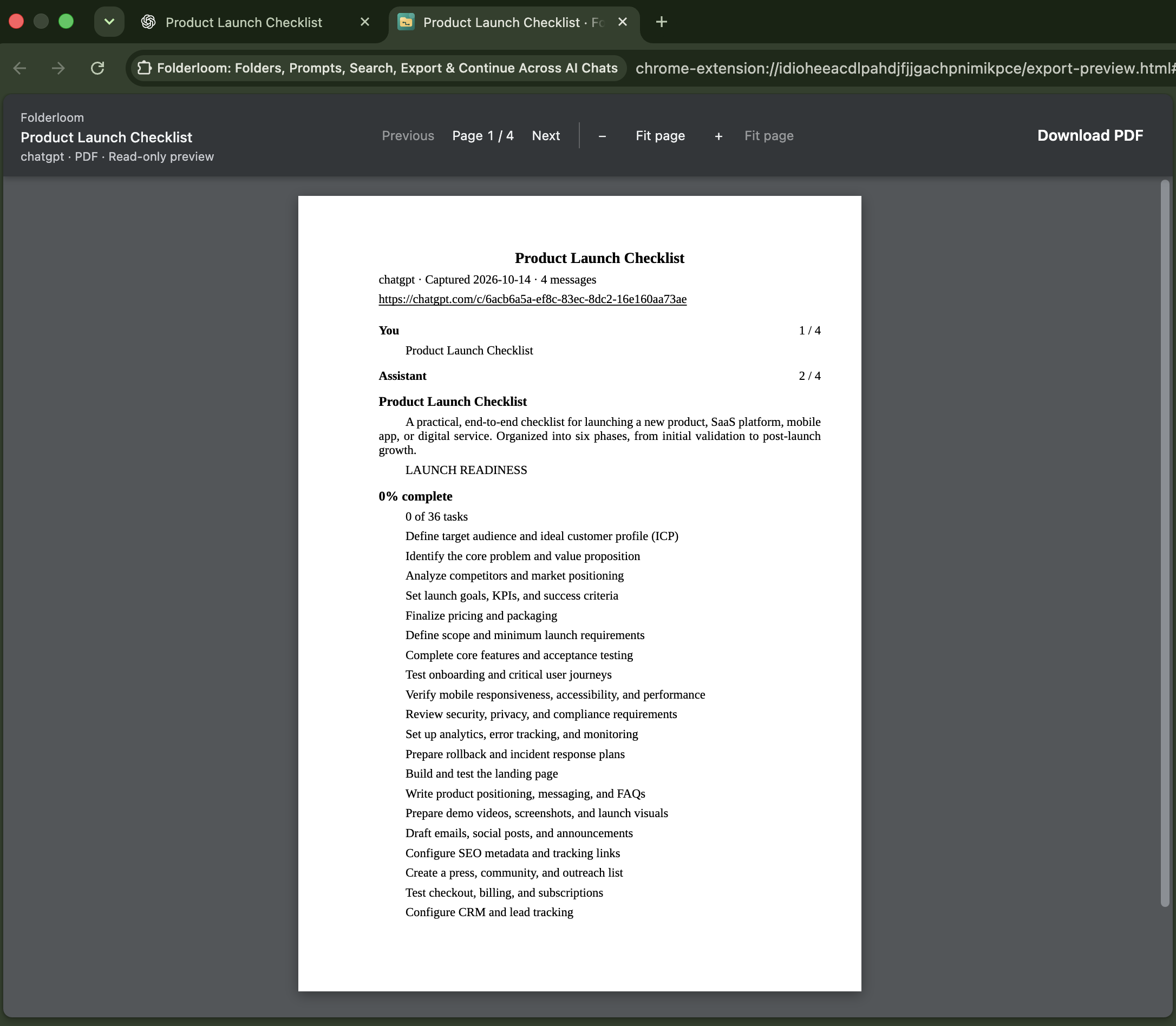 Folderloom PDF preview of Product Launch Checklist showing page 1 of 4, navigation, fit controls and Download PDF