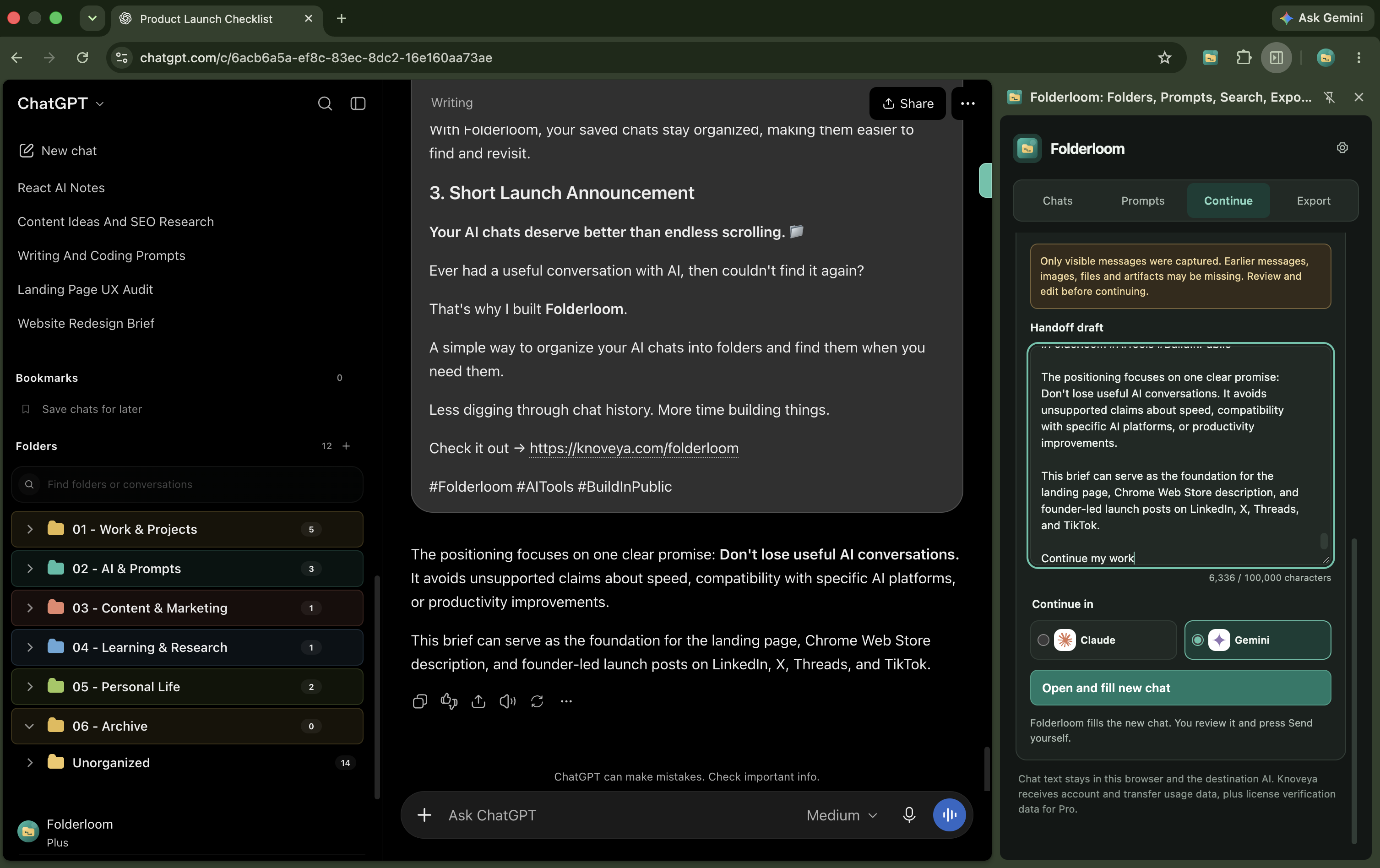 Folderloom Continue tab with an editable handoff draft, visible-message warning and Gemini selected as the destination