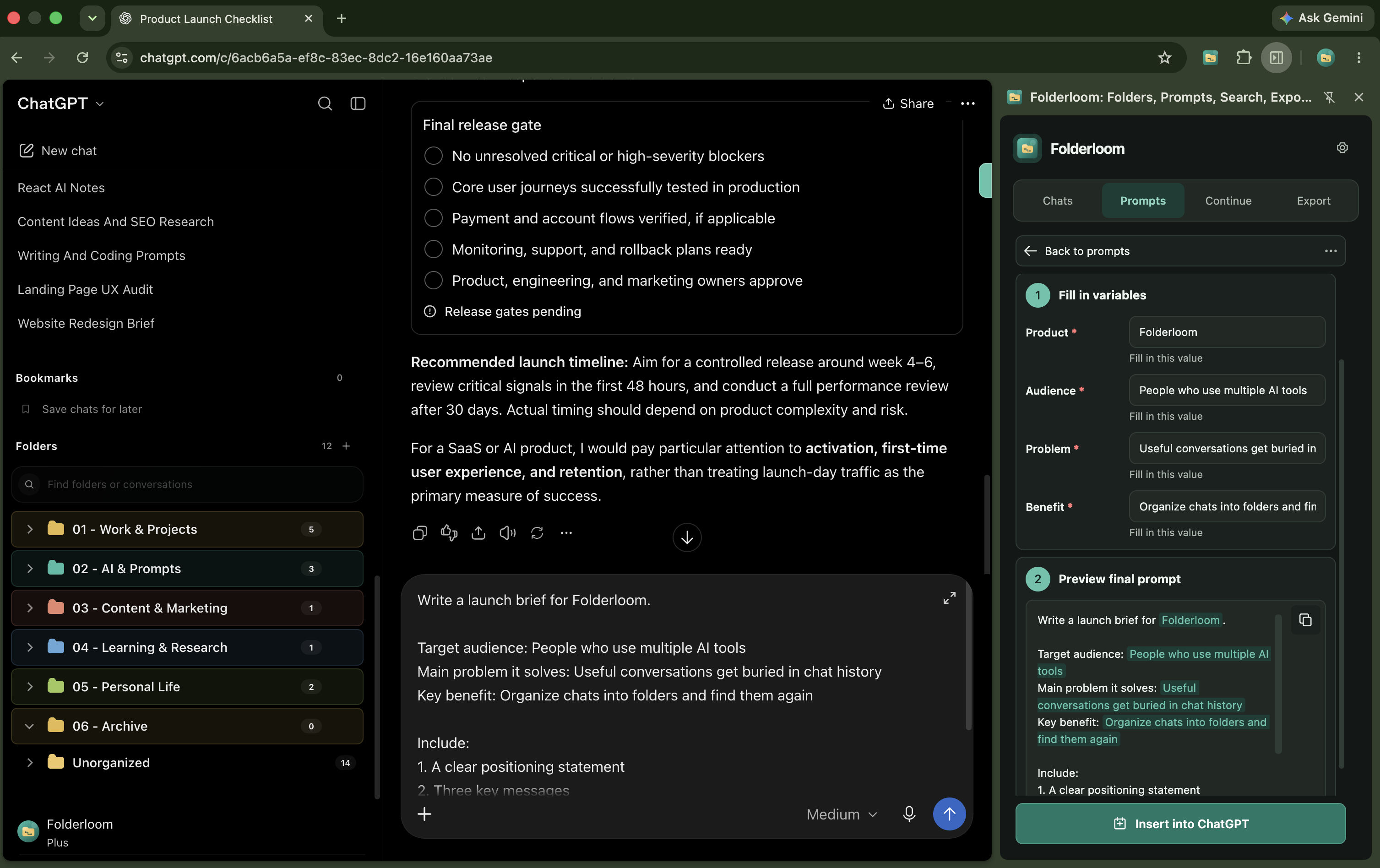 Folderloom Prompt Library with Pro template variables and a final prompt preview, shown beside ChatGPT